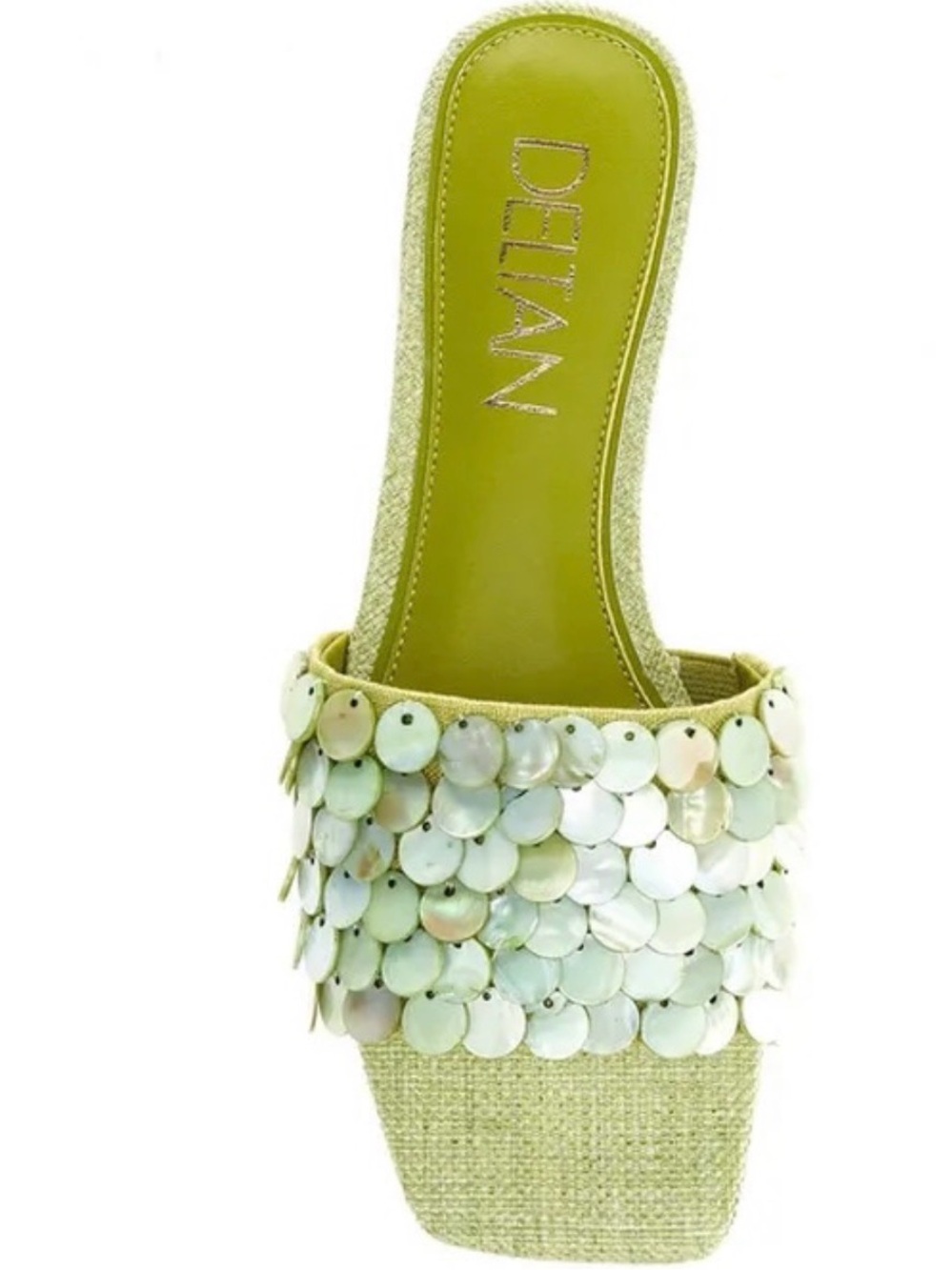 NWOB Deltan Flora Metallic Raffia Pearl Disc Flat Sandals Size 6